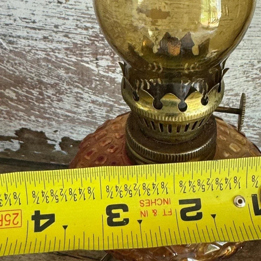 Vintage Amber Glass Miniature Oil Lamp‎ Ruffled Chimney Hobnail Base 9.5 Inch